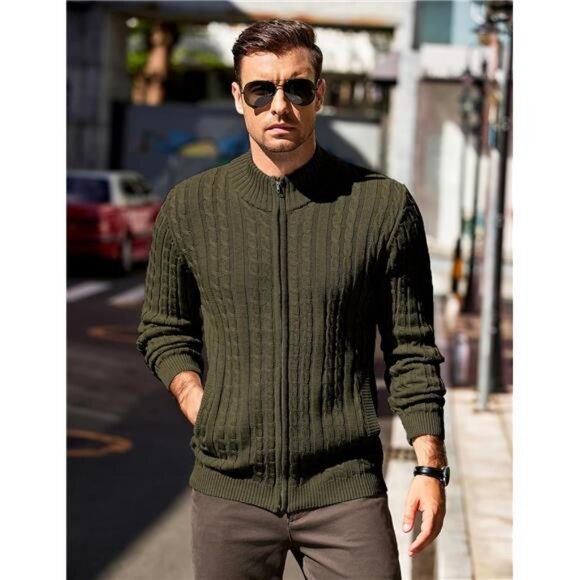 Men's Full Zip Cardigan Sweater Army Green - Picture 2 of 5